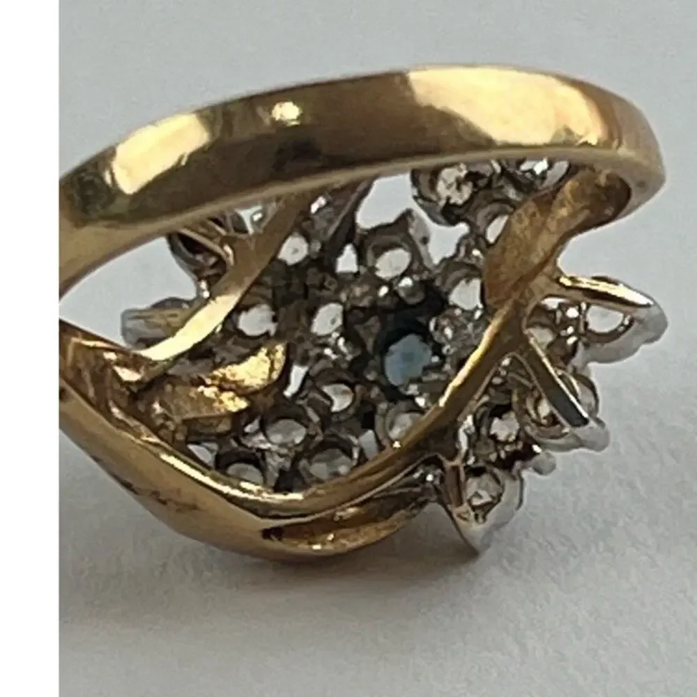 18K HGE Vintage Flower Cocktail Cluster Rhinestone Ring Size 7 citrine look blue